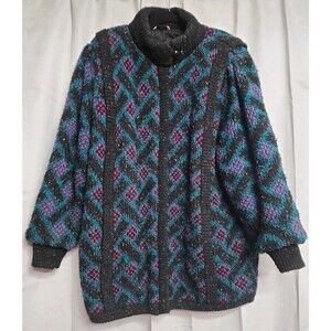 Vintage 80s Knit Sweater Parka Jacket Coat Women's Large Oversized Mock Neck